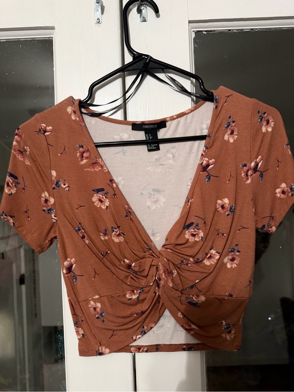 Forever 21 Rust Brown Floral Twist-Front Crop Top
